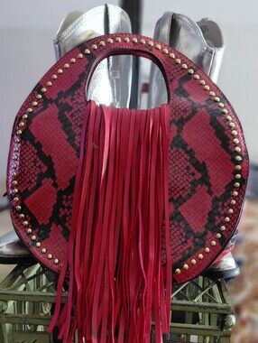 Red Snake-Print Fringe Circle Bag - Unbranded
